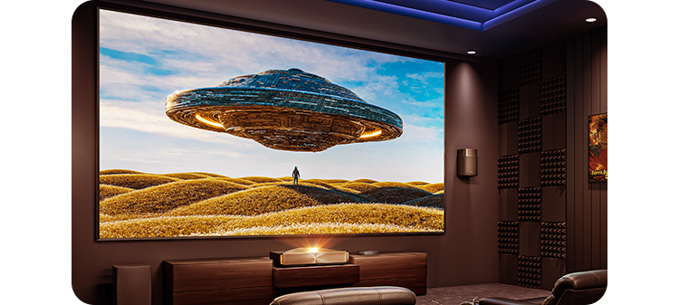 Lifestyle image of the projector in a cinema-style room