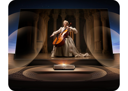 Image of a woman playing the cello on a screen via the projector