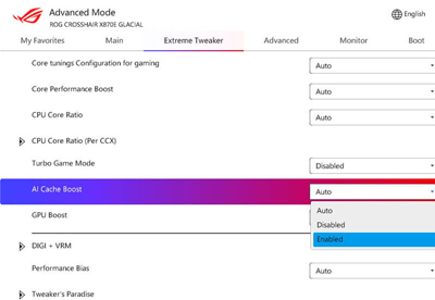 AI Cache Boost options in ASUS BIOS.