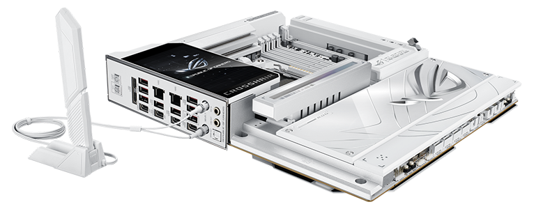 ROG CROSSHAIR GLACIAL motherboard angled to display rear ports.