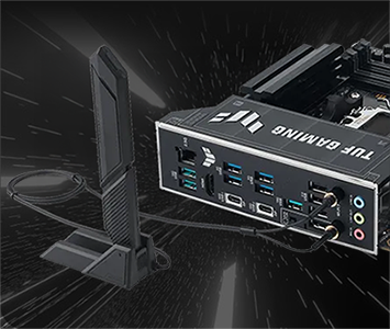 WiFi Q-Antenna connected to rear panel of the TUF GAMING X870E-PLUS WIFI7 motherboard.