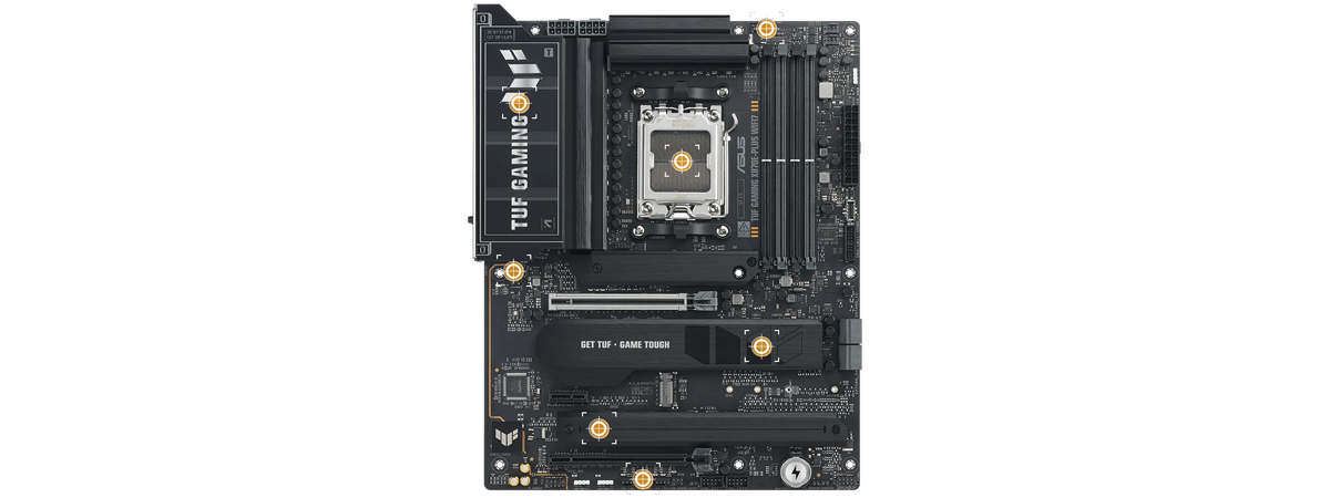Top-down view of the motherboard with orange markers overlaying various cooling zones of the motherboard