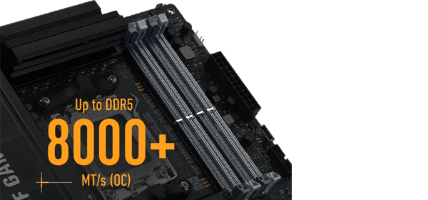 Closeup of the DDR5 slots on the TUF GAMING X870E-PLUS WIFI7 motherboard.