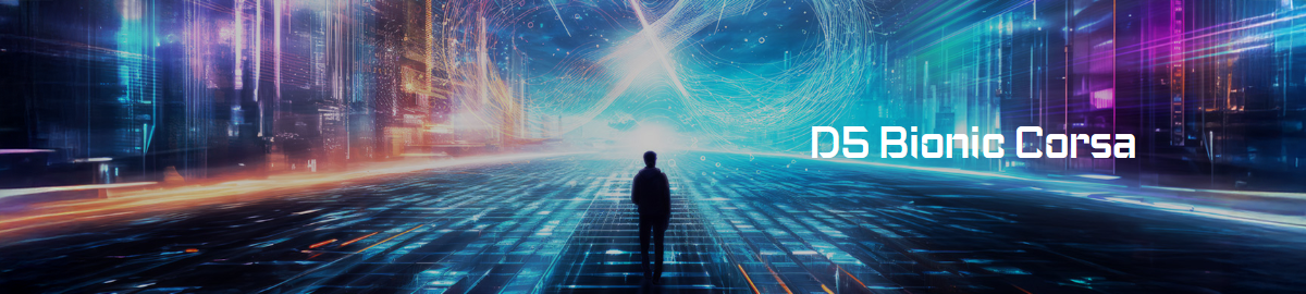 Man walking down futuristic cosmic path with D5 Bionic Corsa overlaid. 