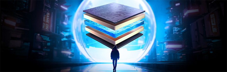 Futuristic illustration of the PCB layers on the AORUS motherboard.