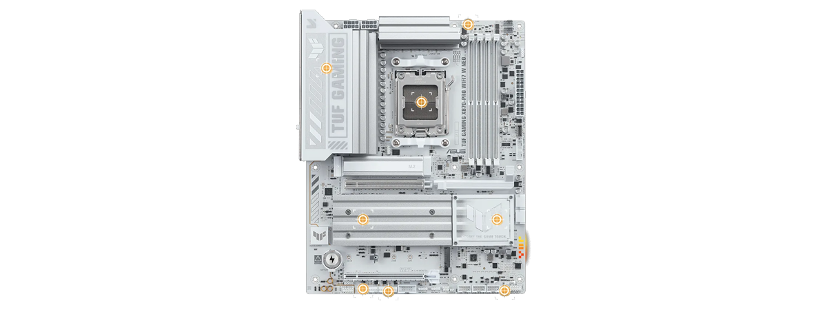 Top-down view of the motherboard with orange markers overlaying various cooling zones of the motherboard