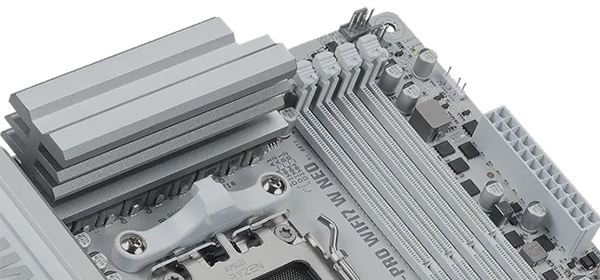 Top of the TUF GAMING X870-PRO WIFI7 W NEO motherboard, highlighting DDR5 memory slots.