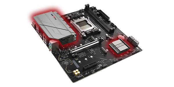 PULSE A620AM motherboard with red highlights around its heatsink and VRM cooling armour.