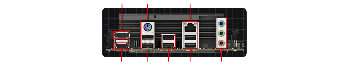 Rear IO of PULSE A620AM motherboard.