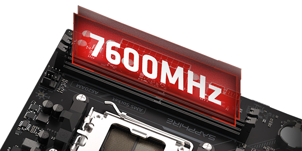 PULSE A620AM motherboard with 7600 Mhz overlaying the memory slot.