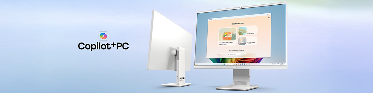 Front and rear-side angles of the Acer Aspire S24 AI pcs with Copilot+PC logo aside.