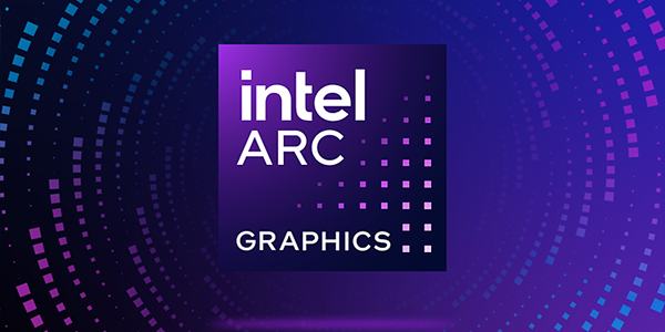 Intel Arc Graphics icon with a background of an array of purple spiralling squares.