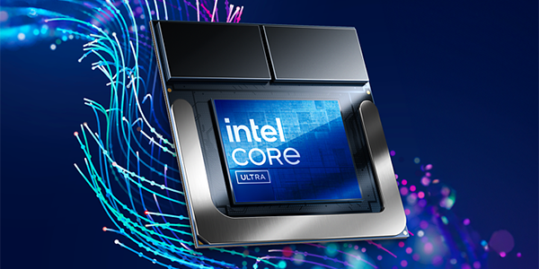 Intel Core Ultra chip with a background of ultraviolet blue swirling fibres.