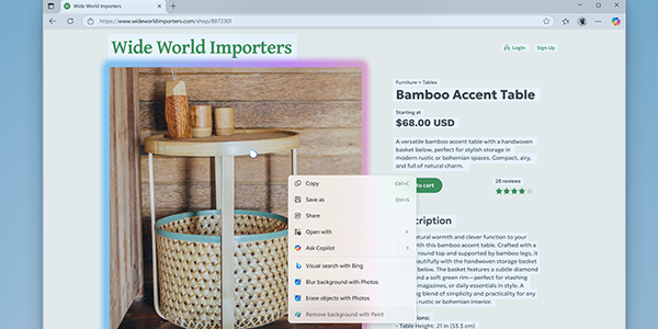 Bamboo table image on a web page, selected, with Copilot features in context menu.