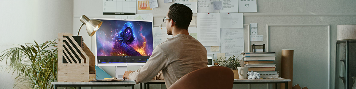 Man sat a desk in office using Acer Aspire S14 AI AIO pc.
