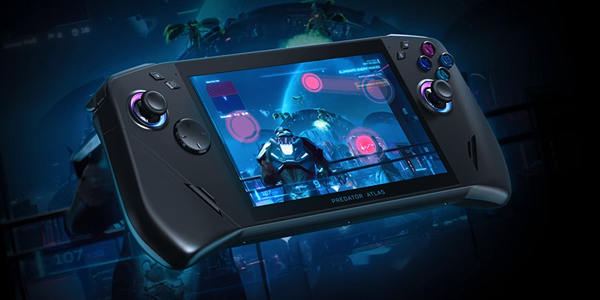 Angle view of console with 10-point multi-touch circles overlaying the screen.