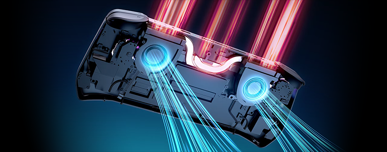 Atlas 7 handheld console illustrated with blue air entering the bottom cooling fans and red hot air exiting the back edge vents.