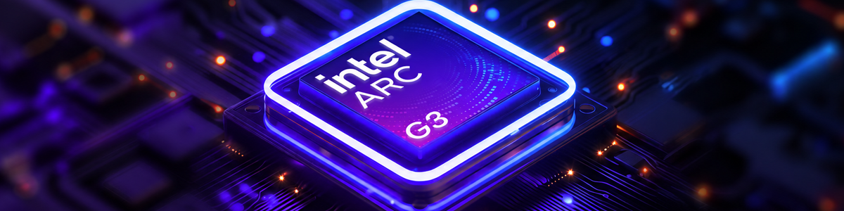 Artistic rendering of Intel ARC G3 Extreme CPU with purple neon edge, attached to dark purple circuit board.