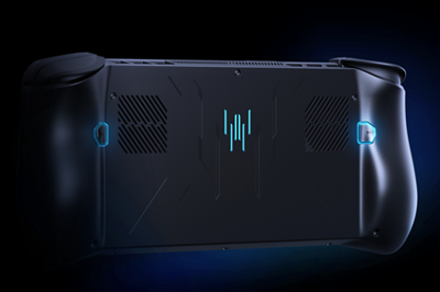 Rear macro buttons highlighted with light blue glowing outlines.