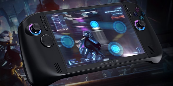 Angle view of console with 10-point multi-touch circles overlaying the screen.