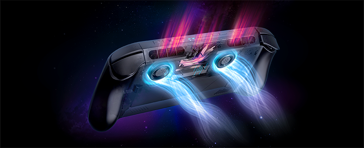 Atlas 8 handheld console illustrated with swirling blue air entering the bottom cooling fans and red hot air exiting the back edge vents.