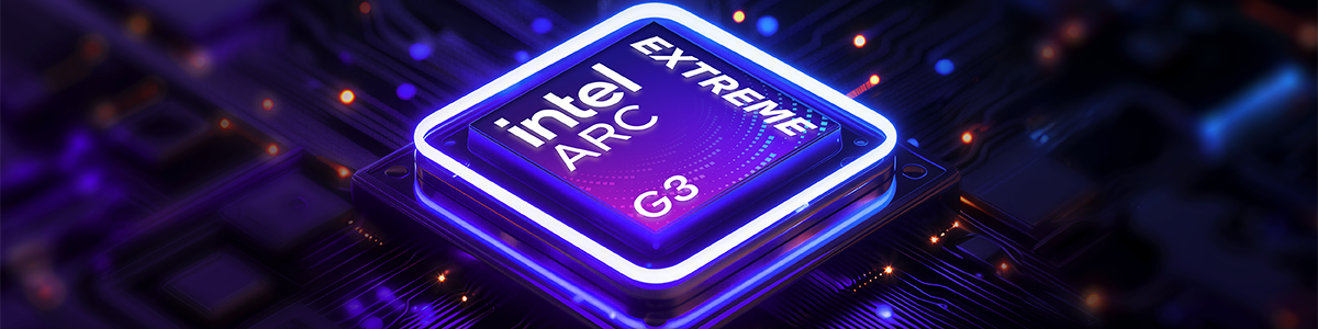 Artistic rendering of Intel ARC G3 Extreme CPU with purple neon edge, attached to dark purple circuit board.