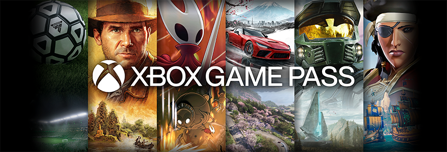 Xbox Game Pass banner with multiple games arranged in columns.
