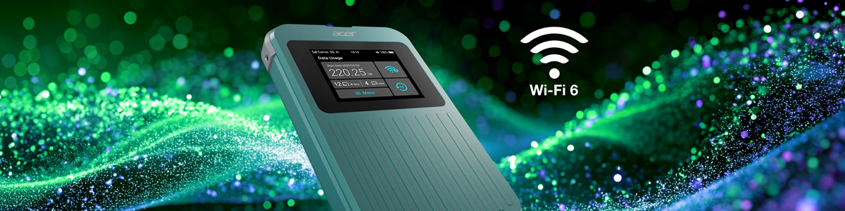 Acer Connect M4 5G Mobile hotspot illustrated infront of a swirling wave of green and blue particles, highlighting WiFi 6 connectivity