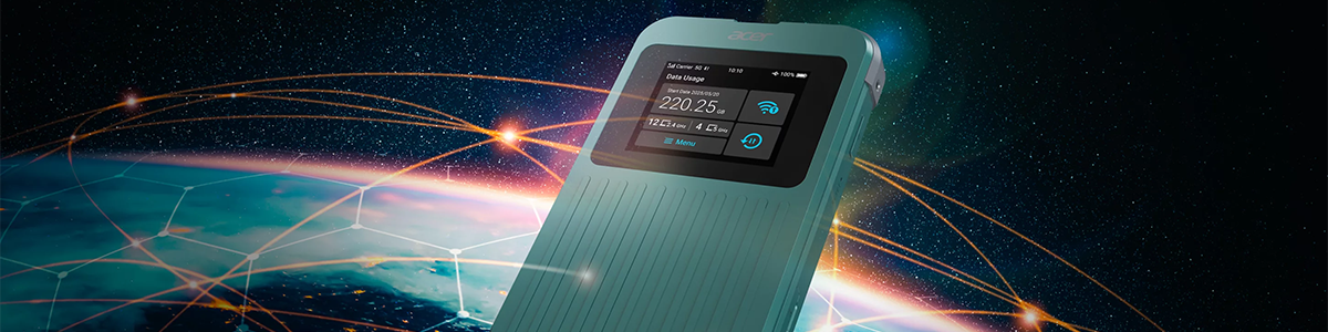 Acer Connect M4 5G Mobile hotspot illustrated in space with the earth in the background to highlight global connectivity