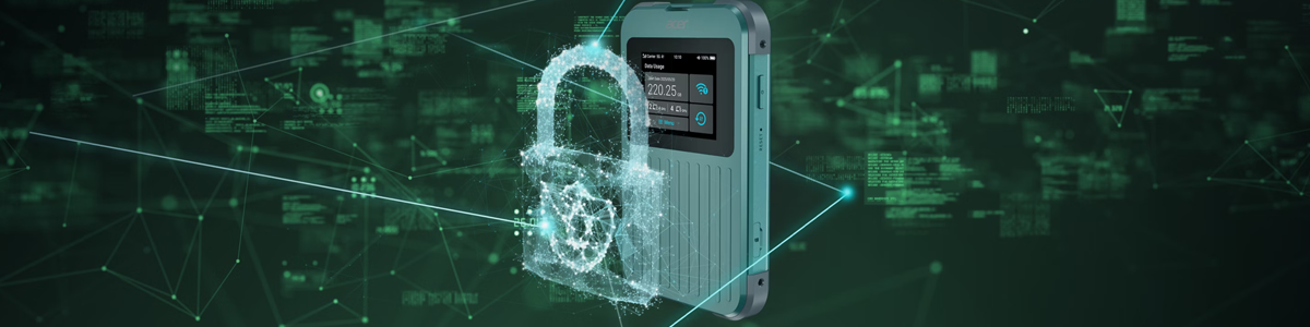 Acer Connect M4 5G mobile hotspot, illustrated behind a celestial padlock to highlight Enterprise Level Data Security