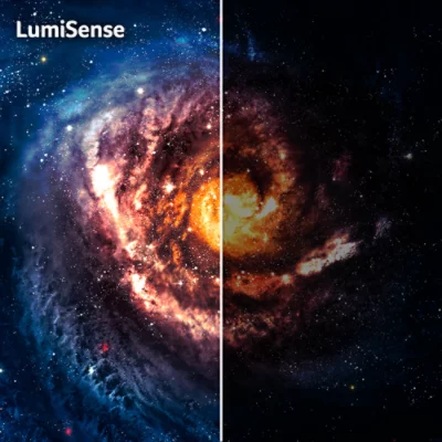 Galaxy, one half bright with LumiSense text laid, other half dimmed.