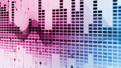 Purple to blue block array in a audio sinewave pattern.