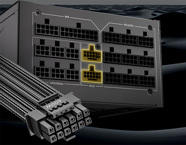 Close up of the power supply ports with the PCI-e ports highlighted in yellow
