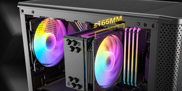 VX310 ARGB case with CPU cooler installed, illustrated with a 165mm CPU cooler height