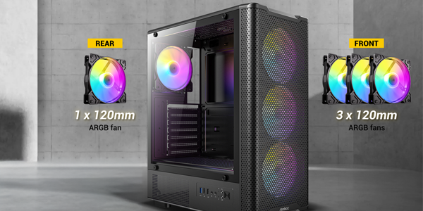 VX310 ARGB case with fans illustrated nearby their mounting location to highlight included fans
