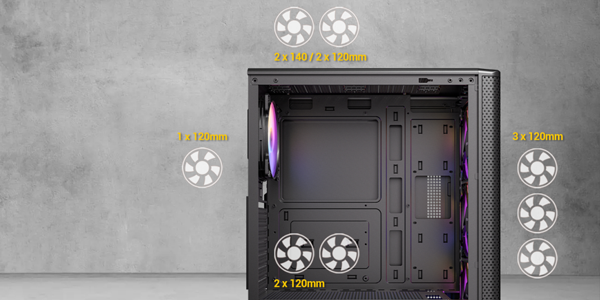 VX310 ARGB case with fans illustrated nearby their mounting location to highlight fan support