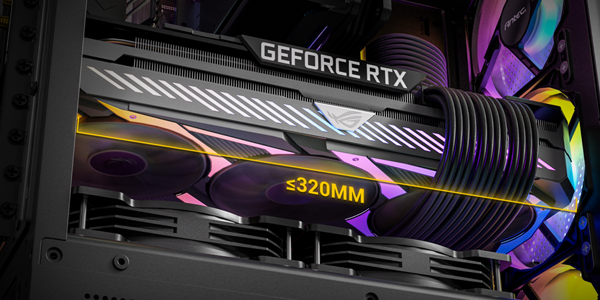 VX310 ARGB case with GPU installed, illustrated with a 320mm maximum GPU length overlay