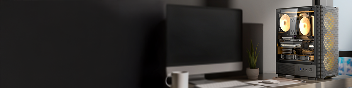 VX310 ARGB full build on a desktop to showcase premium design and aesthetics