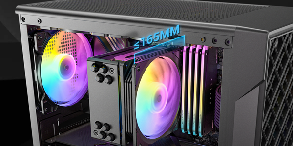 VX320 ARGB case with CPU cooler installed, illustrated with a 165mm CPU cooler height