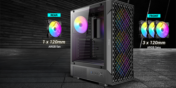 VX320 ARGB case with fans illustrated nearby their mounting location to highlight included fans