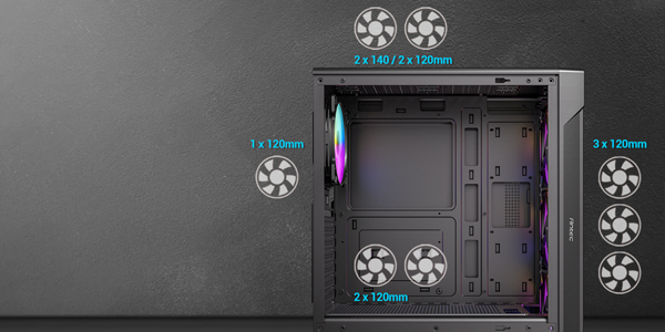 VX320 ARGB case with fans illustrated nearby their mounting location to highlight fan support