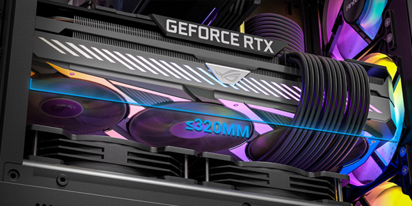 VX320 ARGB case with GPU installed, illustrated with a 320mm maximum GPU length overlay