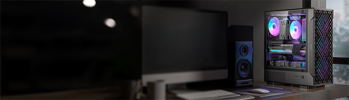 VX320 ARGB full build on a desktop to showcase premium design and aesthetics