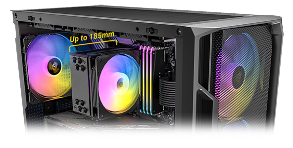 Complete system build of the AX1000 case with emphasis to the CPU air cooler, highlighting it's 185mm max height