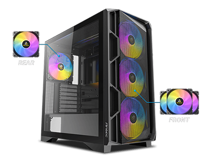 AX1000 pc case with 4 fans illustrated nearby their pre-installed location