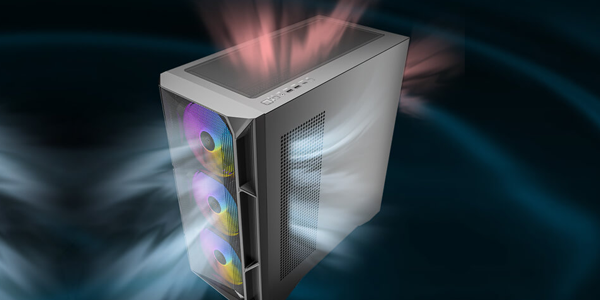 AX1000 pc case, highlighting airflow with illustration of cool (blue) air entering the front/side and hot (red) air leaving the top/rear