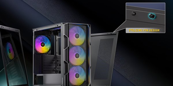 AX1000 pc case with panels detached, highlighting tool-tree pin design