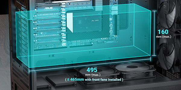 Supports GPUS UP TO 495mm Long and up to 160mm Thick.