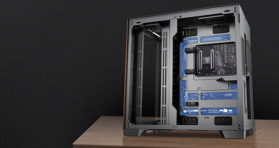 Side view of open C8 Curve PC tower showcasing back-connect motherboard compatibility