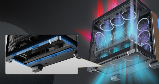 Bottom view of C8 Curve PC case showing simulated airflow paths for optimal ventilation